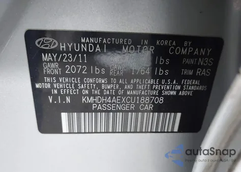 2012 Hyundai Elantra Gls (Ulsan Plant) из США, поврежденный, VIN KMHDH4AEXCU188708